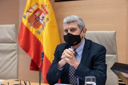El presidente de la Corporación RTVE, José Manuel Pérez Tornero, en una Comisión Mixta de Control Parlamentario de la Corporación RTVE y sus Sociedades el  29 de abril de 2021.