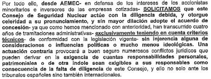 Uno de los párrafos de la carta enviada por la Asociación Española de Accionistas Minoritarios de Empresas Cotizadas al CSN.