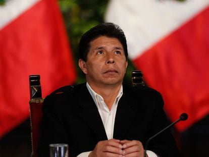 El presidente de Perú, Pedro Castillo, el martes durante una rueda de prensa con corresponsales internacionales, en Lima.