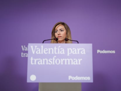 La secretaria de Acción Institucional de Podemos, María Teresa Pérez, este lunes durante la rueda de prensa en la sede del partido (Madrid).