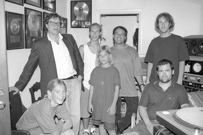 Danny Goldberg, then CEO of Mercury Records, with brothers Taylor Hanson, Isaac Hanson and Zac Hanson and producers Dust Brothers in the studio in 1996 recording 'Middle of Nowhere'.