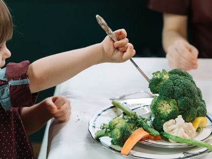 Un niño juega con el brócoli que hay en su plato.