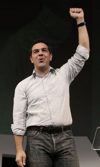 Alexis Tsipras, este s&aacute;bado, en la asamblea de Podemos.