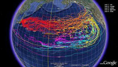 Previsión de la NOAA sobre la trayectoria de los restos del tsunami.