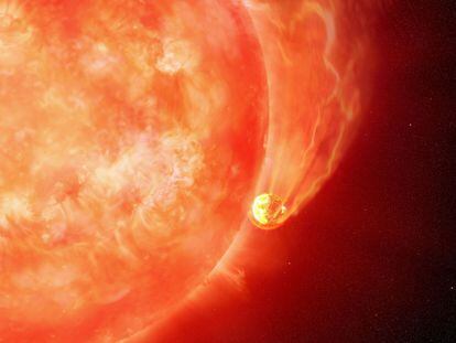 Representación artística que muestra a la estrella moribunda ZTF SLRN-2020 devorando a uno de sus planetas, una situación similar a la que vivirá la Tierra con el Sol en millones de años.