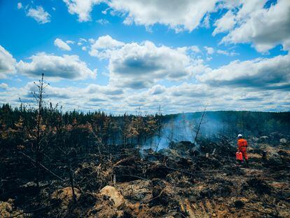 French firefighters try to extinguish forest fires in Quebec, Canada, on June 18, 2023.