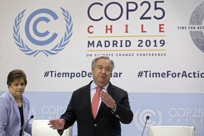 El secretario general de la ONU, António Guterres, en una rueda de prensa de la Cumbre del Clima en Madrid.