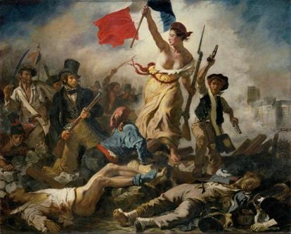 'La libertad guiando al pueblo', de Delacroix, una mujer con un pecho al aire porta una bandera francesa en la Revolución de 1830.