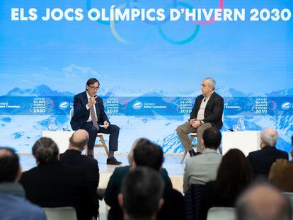 Salvador Illa (PSC) y Alejandro Blanco (COE) en una jornada sobre los Juegos Olímpicos de Invierno de 2030.