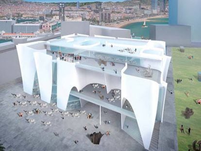 Imatge virtual de la vista sud del Museu Hermitage que es construirà al port de Barcelona, al costat de l'hotel W.