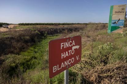 Cartel de la finca Hato Blanco Viejo, en Doñana, este miércoles. 