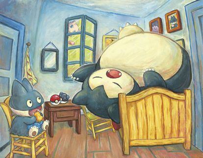 Una reinterpretación de 'El dormitorio en Arlés', de Van Gogh, con personajes de Pokémon.