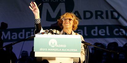 Manuela Carmena en la celebració dels resultats d'Ara Madrid a l'alcaldia.