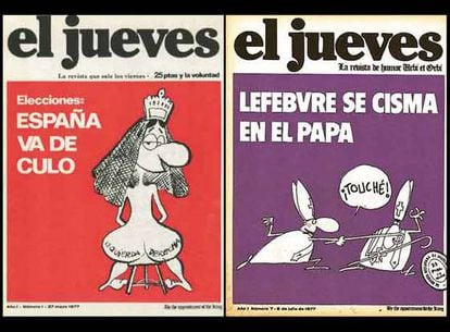 Portadas de los números 1 y 7 de 'El Jueves'.