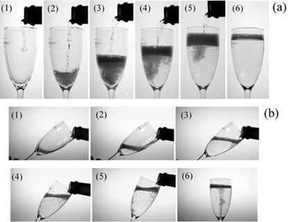 Secuencia de imágenes de la formación de burbujas al verter el champagne verticalmente (a) y con la copa inclinada (b).