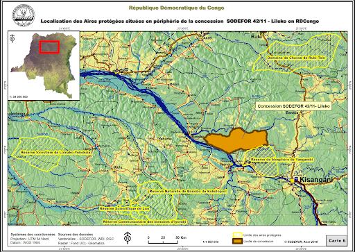 Mapa extraído del plan de manejo de la concesión de tala industrial 042/11. En naranja, el mapa de la concesión. A la derecha, un mapa de la Reserva de la Biosfera de Yangambi sin base histórica.