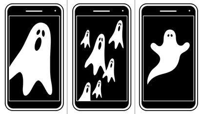 Ilustración de un teléfono inteligente negro con un fantasma blanco en la pantalla.