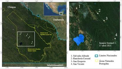 Mapa que indica las invasiones dentro de la reserva natural de Montes Azules en Chiapas (México).