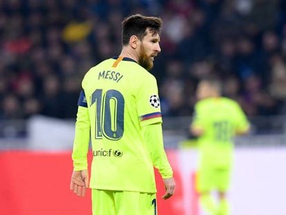 Leo Messi, en el encuentro contra el Olympique de Lyon.