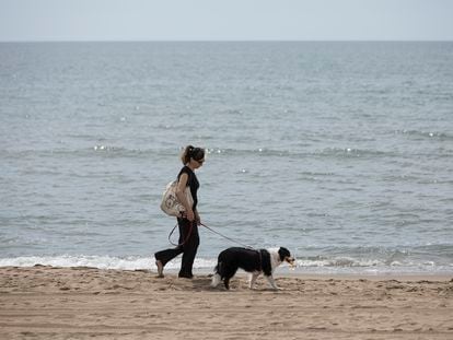 Una mujer pasea por la playa con su perro.
