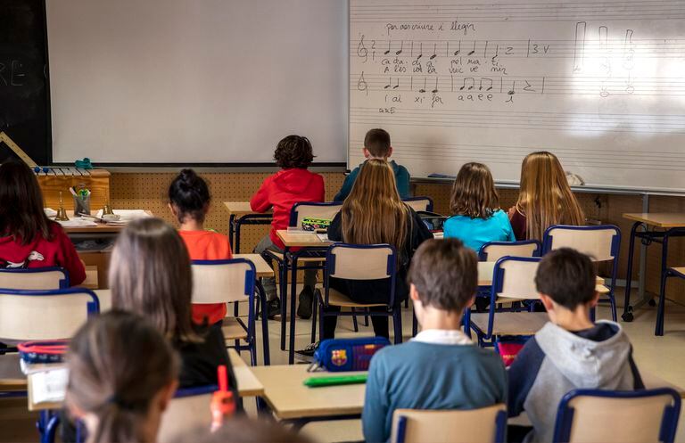 Estudiantes de primaria en una clase de música en una escuela de Valencia, en marzo.