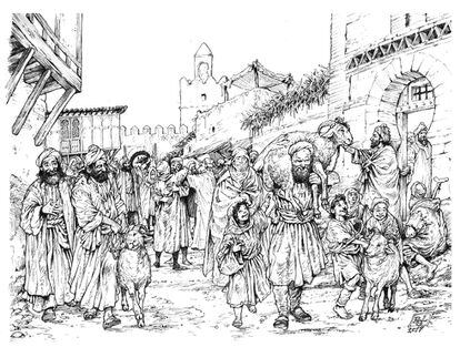 Recreación de la fiesta del cordero en las calles del Madrid islámico, ilustración recogida en el libro 'Mayrit. Guía ilustrada del Madrid medieval'