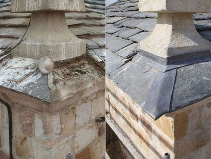 Alero de la torre de San Cipriano antes y después de la restauración de la cubierta de pizarra.