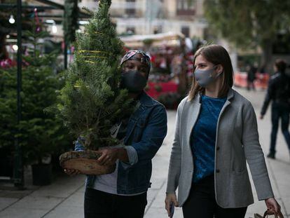 Dues dones amb un petit arbre de Nadal a la Fira de Santa Llúcia de Barcelona.