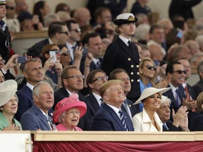 Emmanuel Macron, Theresa May, el príncipe Carlos, Isabel II, Donald Trump, el presidente griego Pavlopoulos, Theresa May y el primer ministro danés Mark Rutte este miércoles en Portsmouth (Reino Unido).
