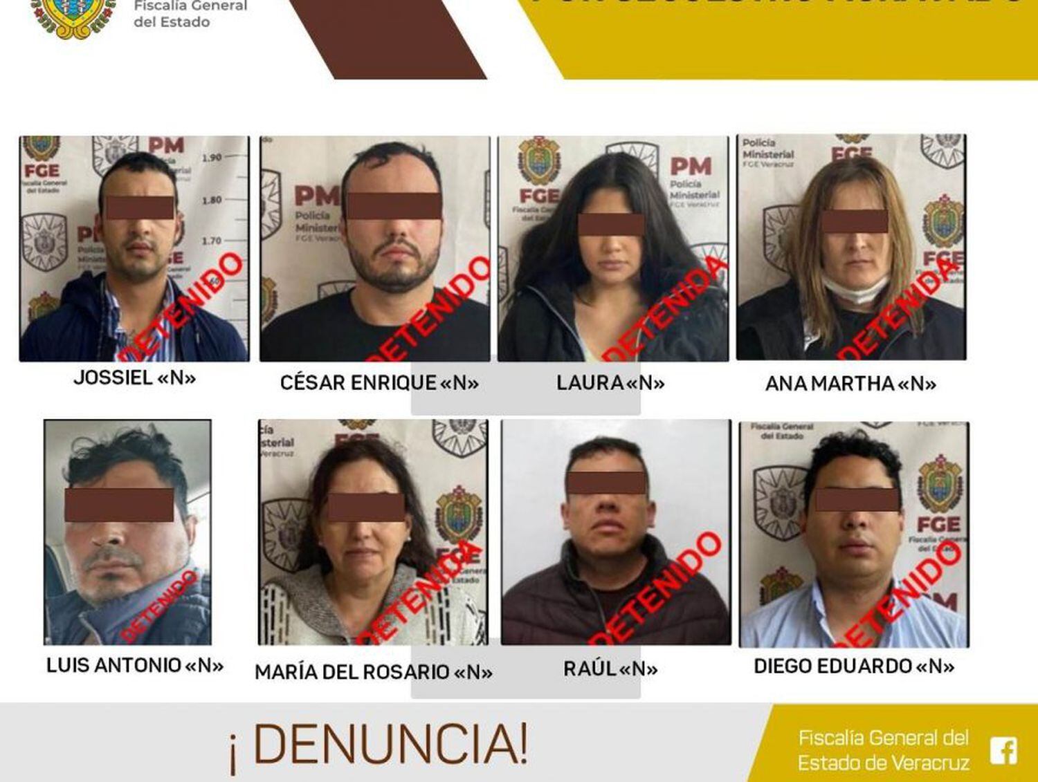 Ficha de captura publicada el 11 de febrero de 2021. Muestra a Luis Antonio “N”, Raúl “N”, María del Rosario “N”, Ana Martha “N”, Laura “N”, César Enrique “N”, Diego “N” y Jossiel “N”, presuntos integrantes de una célula delictiva dedicada al secuestro.