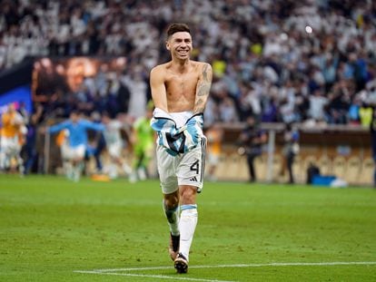 Gonzalo Montiel celebra su gol en la tanda de penaltis que supuso el título mundial para Argentina, el pasado domingo.