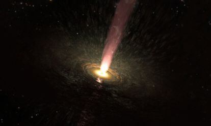 Ilustración de una estrella en formación con disco de polvo y chorros bipolares.