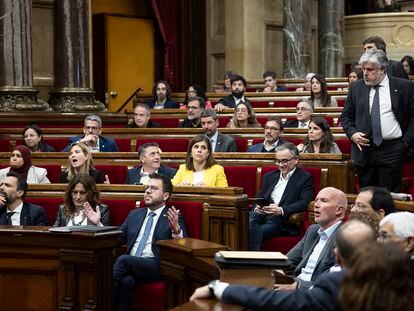 El presidente de la Generalitat, Pere Aragonès, durante el debate de totalidad del proyecto de ley de Presupuestos de la Generalitat, este miércoles en Barcelona.