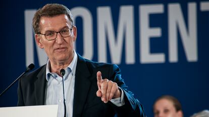 El presidente del PP, Alberto Núñez Feijóo, durante un mítin en Palma de Mallorca el jueves.