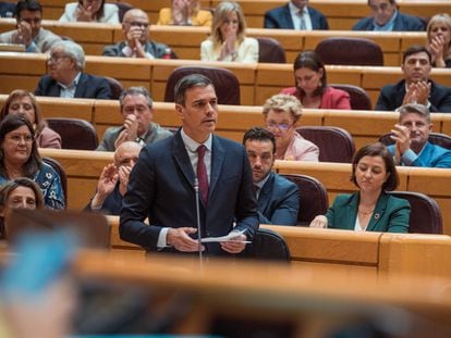 El presidente del Gobierno, Pedro Sánchez, interviene el martes durante una sesión plenaria en el Senado.