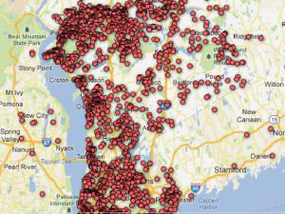Mapa con los poseedores de permiso de armas en tres condados de Nueva York.