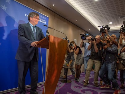 Carles Puigdemont, durante su conferencia, este martes 5 de septiembre, en Bruselas.