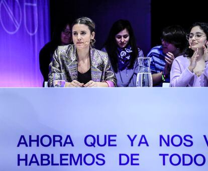 La ministra de Igualdad, Irene Montero, en el acto institucional organizado por su departamento con motivo del Día Internacional de la Mujer, este miércoles en Madrid.