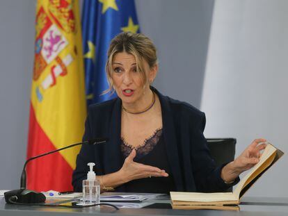 La vicepresidenta segunda y ministra de Trabajo y Economía Social, Yolanda Díaz, este martes tras el Consejo de Ministros en Madrid.
