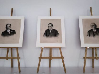Los retratos de los tres vicepresidentes de la Diputación durante la II República que colgarán en el Palacio de Navarra. Desde la izquierda, Constantino Salinas, Serafín Yanguas y Juan Pedro Arraiza.