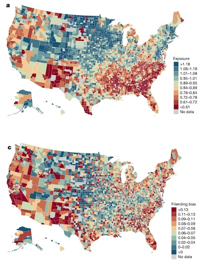 El 50% de la conectividad económica está condicionado por la exposición (mapa A) y el otro 50%, por los sesgos en las amistades (mapa C). 