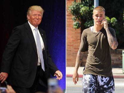 El candidato republicano Donald Trump y, a la derecha, el cantante Justin Bieber.