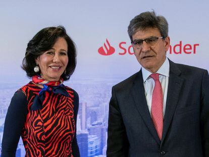 La presidenta y el consejero delegado del Banco Santander, Ana Botín y José Antonio Álvarez, momentos antes de la presentación de los resultados de la entidad correspondientes al 2019