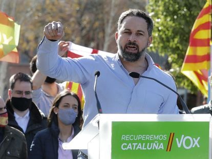 El presidente de Vox, Santiago Abascal, durante un acto electoral celebrado en Barcelona.