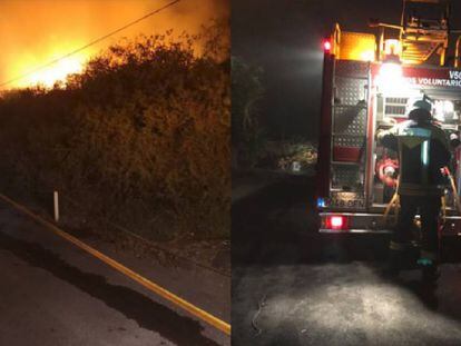 Los bomberos y voluntarios de Protección Civil tratan de controlar las llamas en el incendio de tarajales.