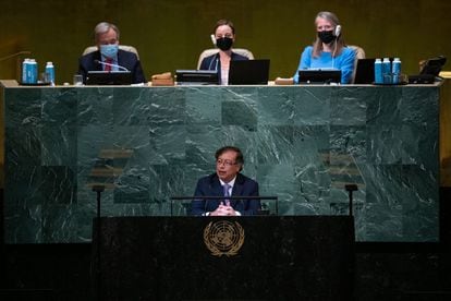 El presidente Gustavo Petro durante su discurso en la Asamblea General de la ONU, este martes en Nueva York.