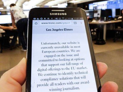 El mensaje que aparece al intentar acceder a la web del 'Los Angeles Times' desde la Unión Europea.