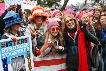 Gloria Steinem greets protesters during the Women's March on Washington on January 21, 2017 in Washington.