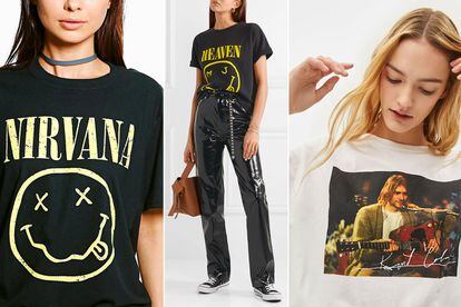 Cultura merchandising. De izquierda a derecha, lcamiseta de Nirvana sigue siendo un bestseller (a la venta en New Look o Boohoo); camsiseta Heaven de Marc Jacobs (125 €, en Net-a-porter); y camiseta de Kurt Cobain de Bershka.