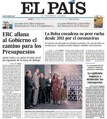 Portada de EL PAÍS del 28 de febrero de 2020, en la que se informa de los primeros signos de saturación en urgencias.